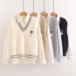 Kawaii Bear Harajuku Embroidery Cardigan Shirt Set