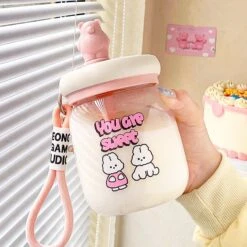 Kawaii Aesthetic Cloud Bunny Glass Milk Tea Bottle -Kawaiitherapy Shop 0 0da107