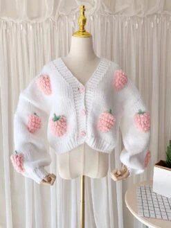 Kawaii Strawberry Knitted Cardigan Sweater – Limited Edition