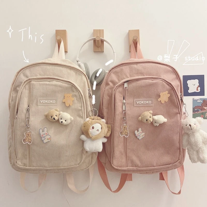 Kawaii Korea Style Corduroy College Zipper Backpack 1 Kawaii Korea Style Corduroy College Zipper Backpack