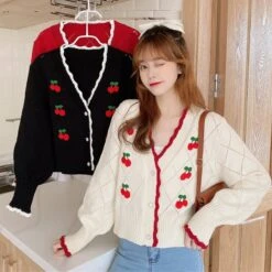 Kawaii Korea Style Cherry Embroidery Sweater