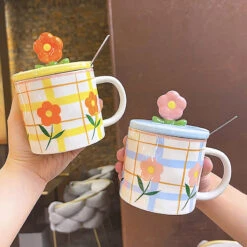 Kawaii Therapy Flower Pastel Grid Ceramic Cup (350ml) -Kawaiitherapy Shop 0 614900