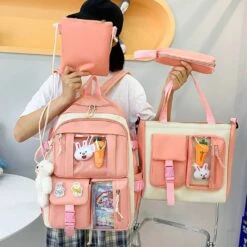 Kawaii Korea Style Canvas Zipper Backpack Set (4pcs)