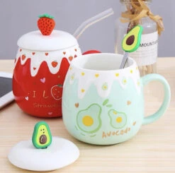 Kawaii Fruit Strawberry Avocado Ceramic Cups – Limited Edition