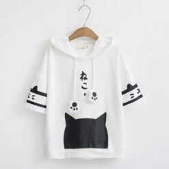 Japanese Neko Cat Short Sleeve Hoodie -Kawaiitherapy Shop 19447 312265