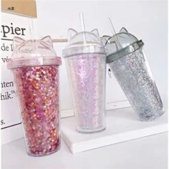 Kawaii Sequined Double Wall Cat Ears Bottle -Kawaiitherapy Shop 40235 mpuvvg