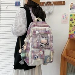 Kawaii Korea Style Canvas Plaid Backpack – Limited Edition -Kawaiitherapy Shop 47673 bocwru