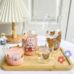 Kawaii Cute Bear Strawberry Glass Cup Set -Kawaiitherapy Shop 50870 zkzxkf