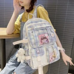Kawaii College Style Canvas Grid Backpack – Limited Edition