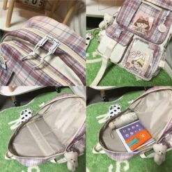 Kawaii College Style Canvas Grid Backpack – Limited Edition -Kawaiitherapy Shop 51472 ixhtkh