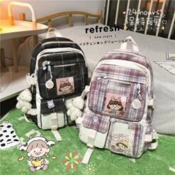 Kawaii College Style Canvas Grid Backpack – Limited Edition -Kawaiitherapy Shop 51472 x2i5x2