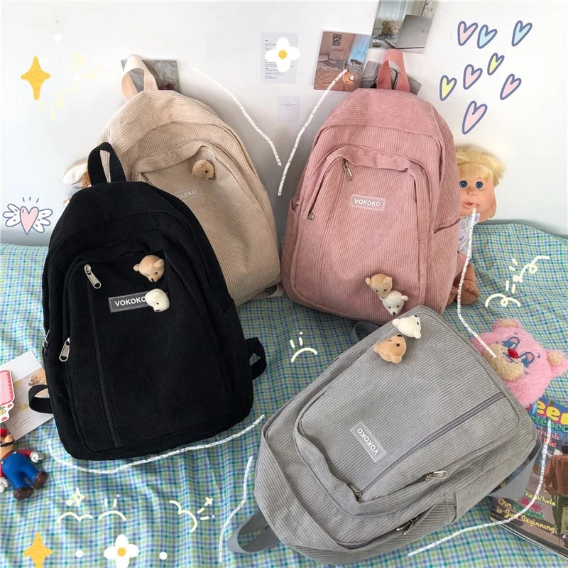 Kawaii Korea Style Corduroy College Zipper Backpack 6 Kawaii Korea Style Corduroy College Zipper Backpack - Image 6