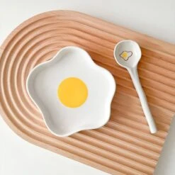Kawaii Breakfast Egg Yolk Ceramic Plate Set -Kawaiitherapy Shop 61783 fncow3