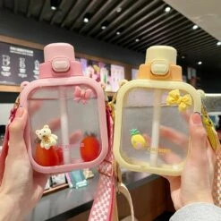 Kawaii Pastel Transparent Square Straw Bottle (700ml) -Kawaiitherapy Shop 67063 yxvzwy