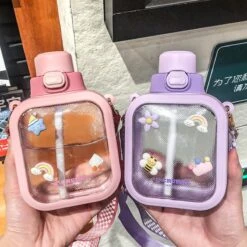 Kawaii Pastel Transparent Square Straw Bottle (700ml) -Kawaiitherapy Shop 67063 zck9kw