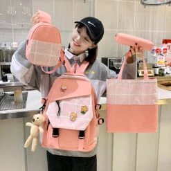 Kawaii Korea Style Harajuku Plaid Grid Backpack Set -Kawaiitherapy Shop 68899 dzlcv5
