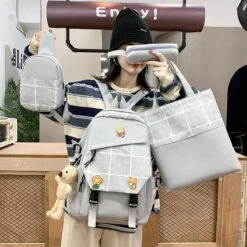 Kawaii Korea Style Harajuku Plaid Grid Backpack Set -Kawaiitherapy Shop 68899 ya1xb5