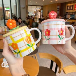 Kawaii Therapy Flower Pastel Grid Ceramic Cup (350ml) -Kawaiitherapy Shop 72031 8d9ccd