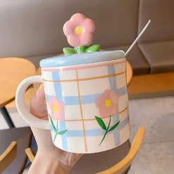 Kawaii Therapy Flower Pastel Grid Ceramic Cup (350ml)