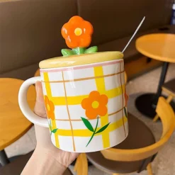 Kawaii Therapy Flower Pastel Grid Ceramic Cup (350ml) -Kawaiitherapy Shop 72031 cxcdnx
