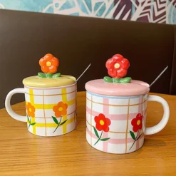 Kawaii Therapy Flower Pastel Grid Ceramic Cup (350ml) -Kawaiitherapy Shop 72031 soq7rj