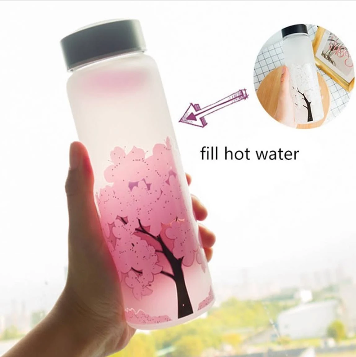 Kawaii Color Changing Cherry Blossom Glass Bottle (420ml) 1 Kawaii Color Changing Cherry Blossom Glass Bottle (420ml)