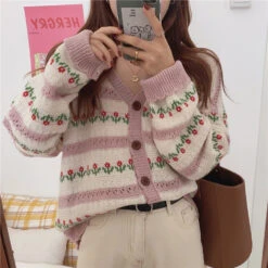 Kawaii Harajuku Style Floral Knitted Cardigan – Limited Edition -Kawaiitherapy Shop Floral Cardigan Sweater
