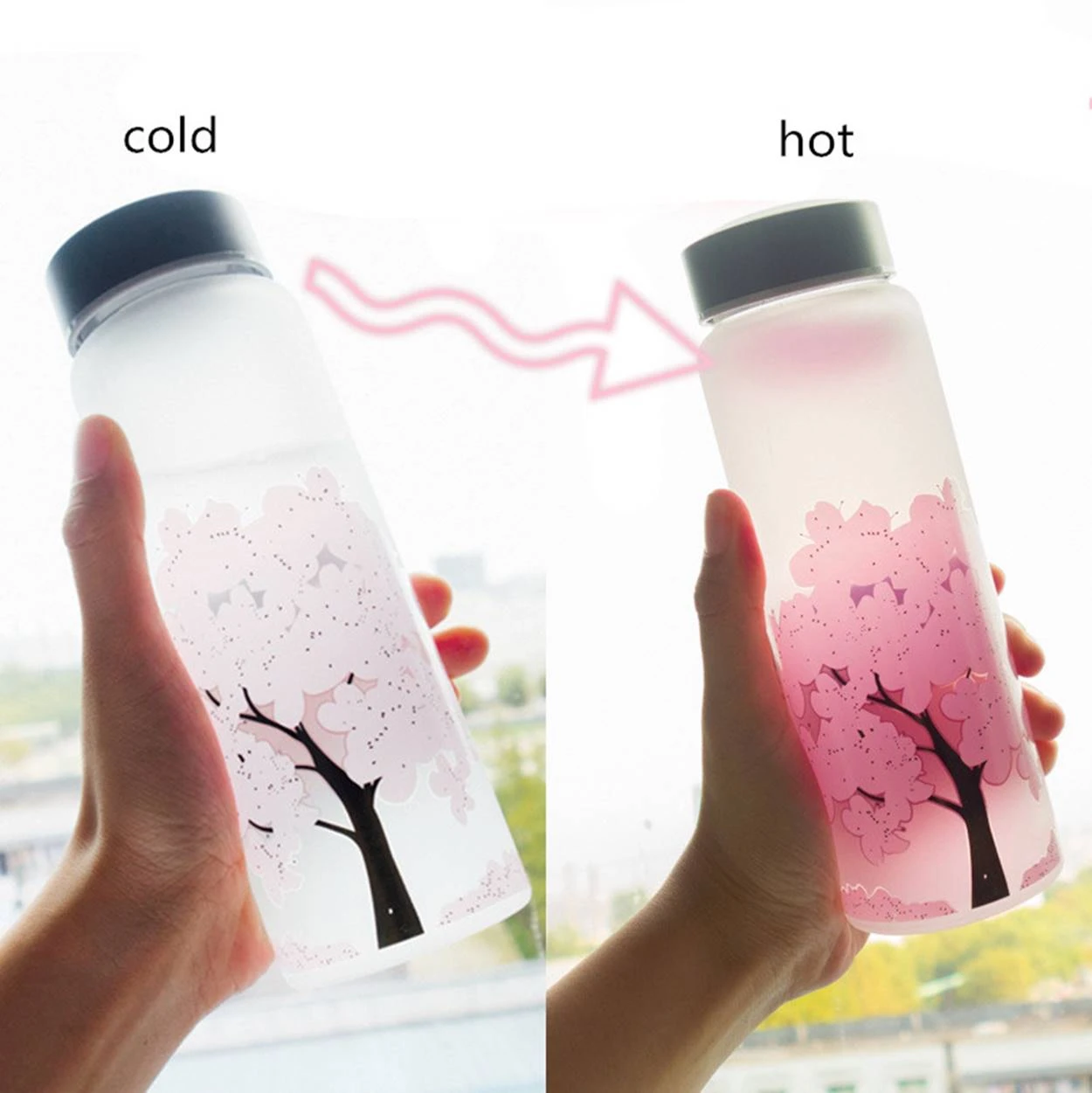 Kawaii Color Changing Cherry Blossom Glass Bottle (420ml) 2 Kawaii Color Changing Cherry Blossom Glass Bottle (420ml) - Image 2